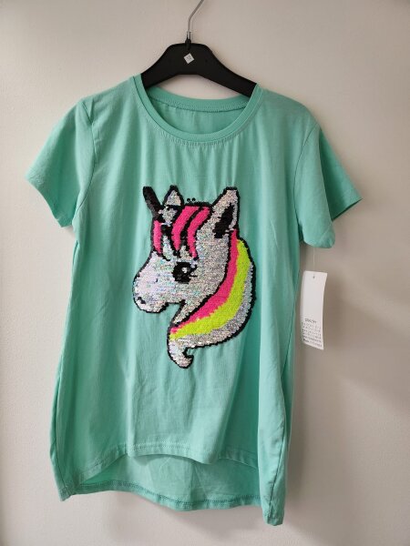 Magisches Einhorn Kinder T-Shirt in Mintgrün mit Wendepailletten – Größe 146/152